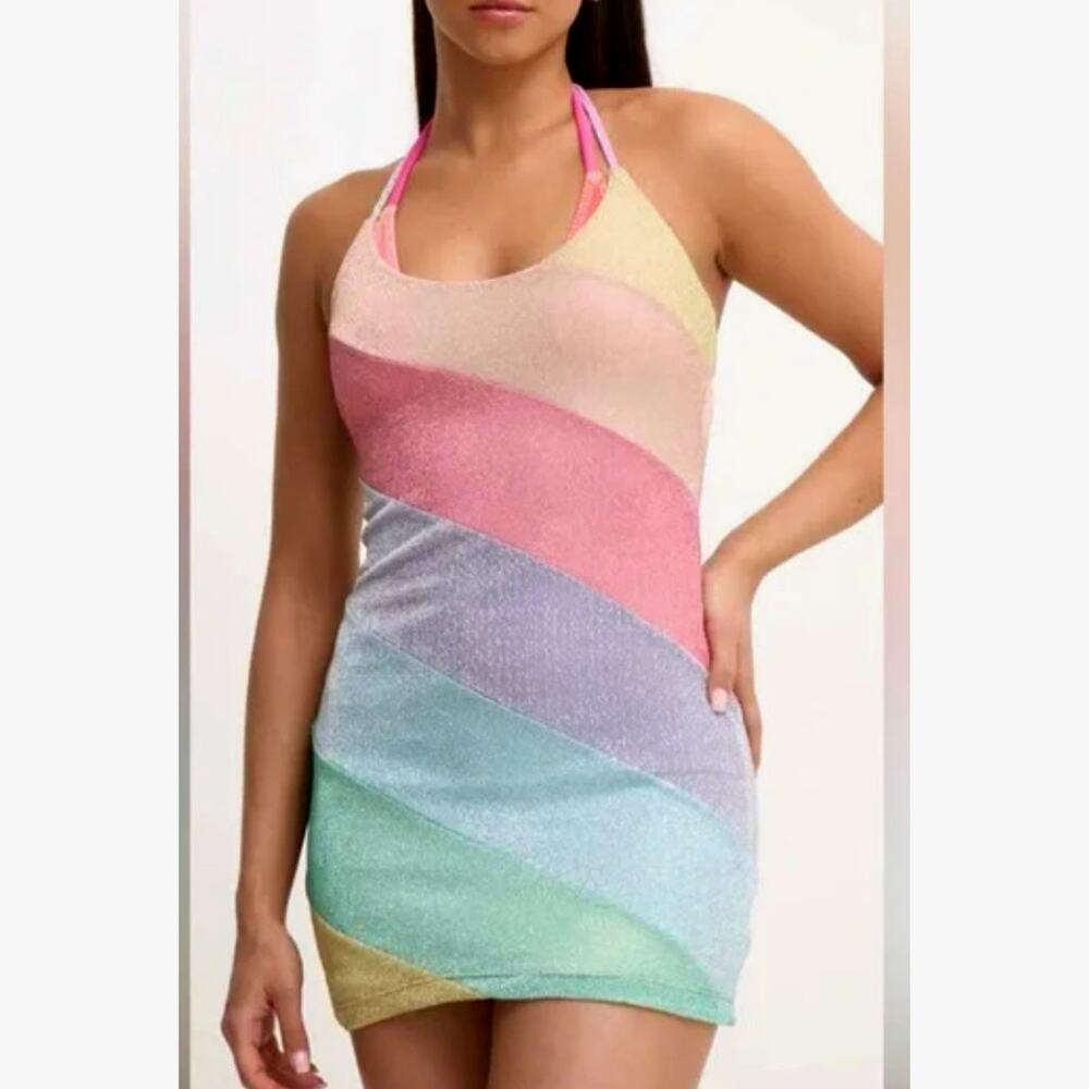 Kurt Geiger Glitter Pastel Rainbow Stripe Halter Mini Dress Swim Cover-up | Sz S